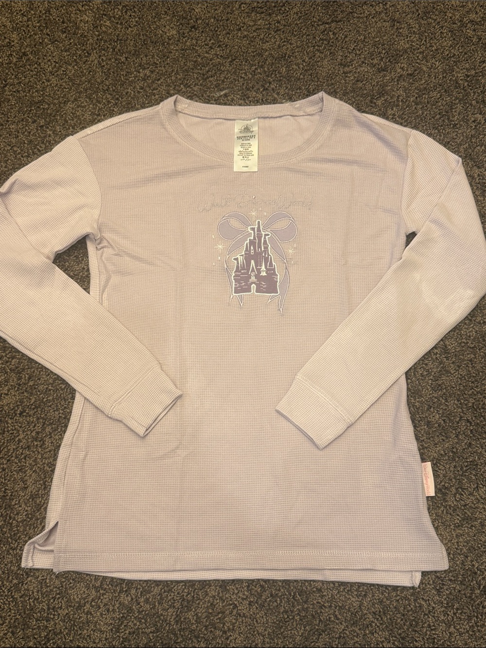 Disney world lilac bow castle embroidered waffle knit long sleeves t shirt - M
